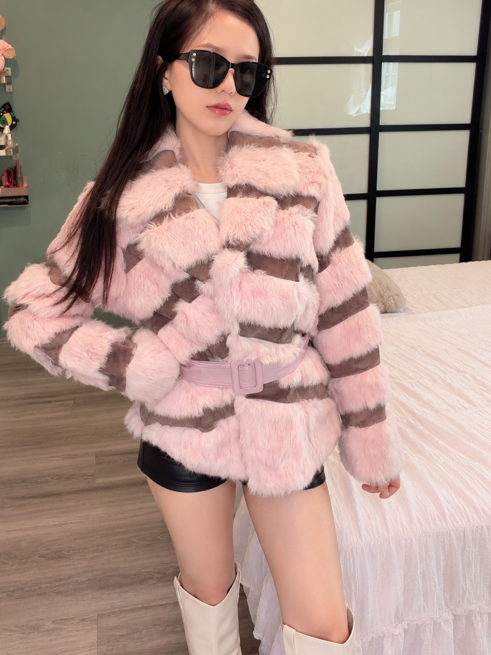 Vero Moda Vintage Pink Rabbit Fur Pig Leather Belted Y2K Jacket XS/S